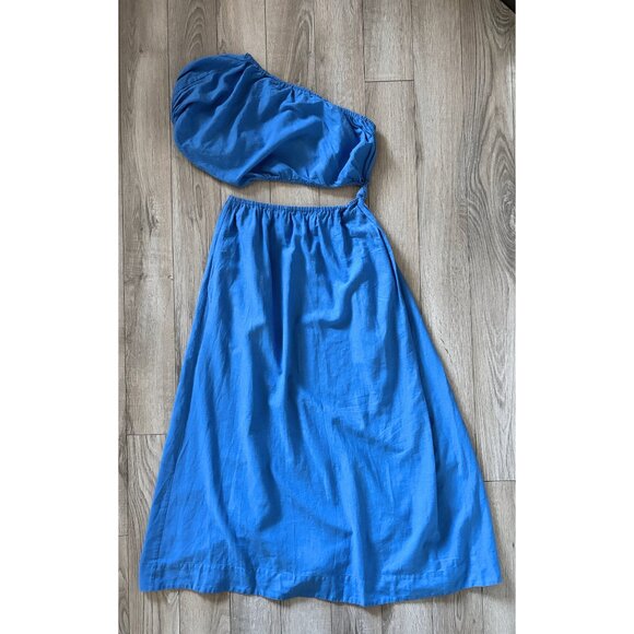 Farm Rio One Shoulder Cutout Blue Linen Maxi Dress Womens XS Coastal Boho - Picture 2 of 16